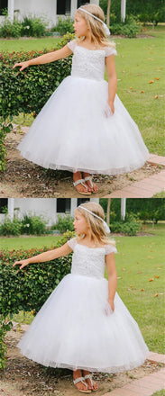 A-line Cap-sleeves Lace Appliques Ankle-length Flower Girl Dresses, FG0141