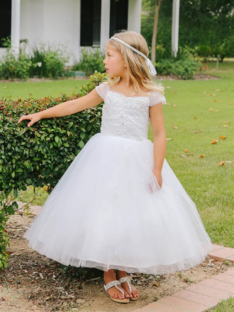 Illusion Lace Tulle Flower Girl Dresses with Navy Belt, Affordable Flower Girl Dresses, FG083