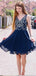 A-Line V-neck Beading Navy Blue Chiffon Homecoming Dresses, HD0528