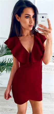 Sheath V-neck Burgundy Simple Homecoming Dresses With Ruffles, HD0530