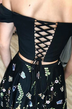 Off-shoulder V-neck Two-pieces Embroidered Homecoming Dresses, HD0535