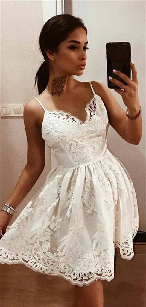 A-line Spaghetti Straps Backless Lace Short Homecoming Dresses, HD0545