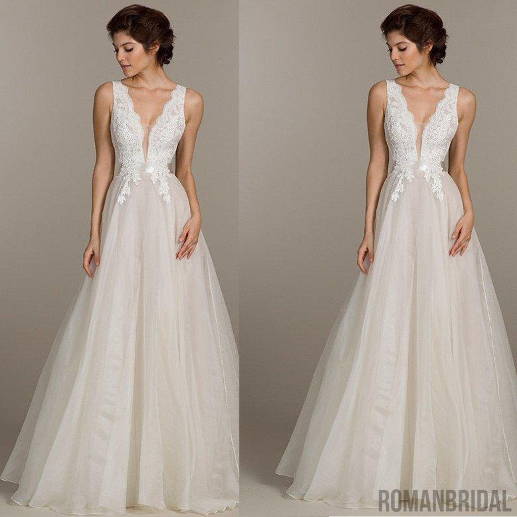 Popular Long A-line Sleeveless White Tulle Lace Cheap Wedding Dresses, WD0203