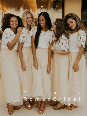 A-Line Round Neck Short Sleeves Tulle Two Piece Bridesmaid Dresses With Lace,RBWG0020