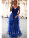 A-Line V-Neck Straps Sleeveless Tulle Long Prom Dresses With Lace,RBPD0020