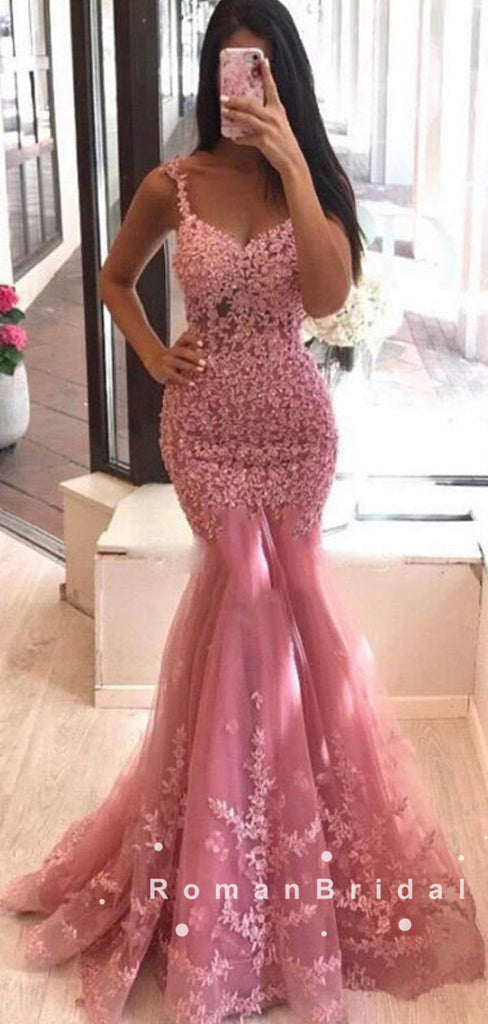 Mermaid Spaghetti Straps Tulle Long Prom Dresses With Lace,RBPD0021