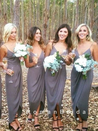 Sheath V-Neck Spaghetti Straps Side Slit Cheap Tea Length Bridesmaid Dresses With Pleats,RBWG0021