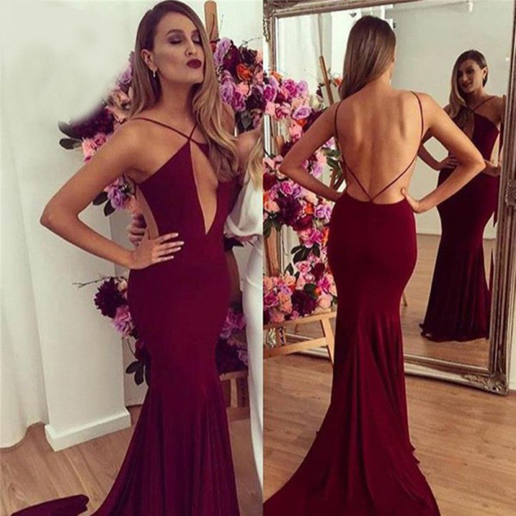 Mermaid Sexy Burgundy Deep V-neck Backless Long Prom Dresses With Train, PD0539
