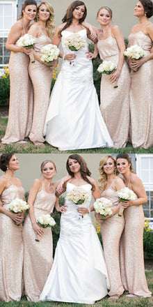 Spaghetti Straps Gold Sequins Simple Cheap Bridesmaid Dresses, BD0492