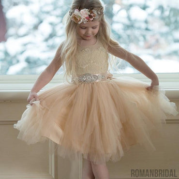 Illusion Lace Top Tulle Flower Girl Dresses, Popular Little Girl Dresses with rhinestone Belt, FG033