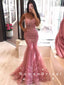 Mermaid Spaghetti Straps Tulle Long Prom Dresses With Lace,RBPD0021