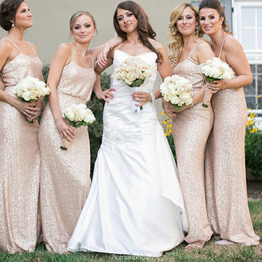 Spaghetti Straps Gold Sequins Simple Cheap Bridesmaid Dresses, BD0492
