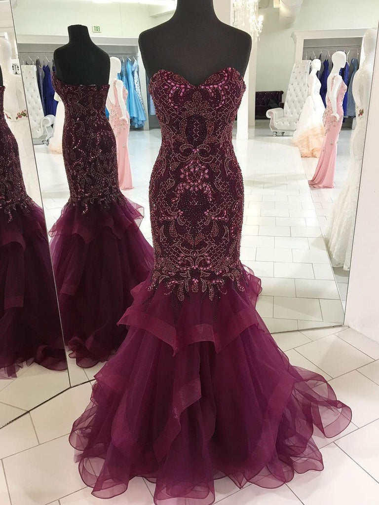 Mermaid Sweetheart Beading Long Purple Prom Dress, PD0599