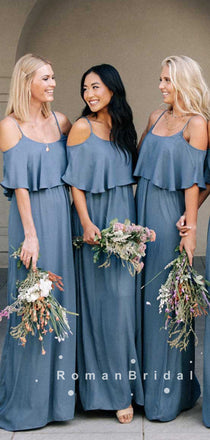 A-Line Straps Off The Shoulder Chiffon Long Bridesmaid Dresses With Ruffles,RBWG0022