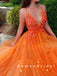 A-Line Deep V-Neck Halter Tulle Long Prom Dresses With Beading,RBPD0022