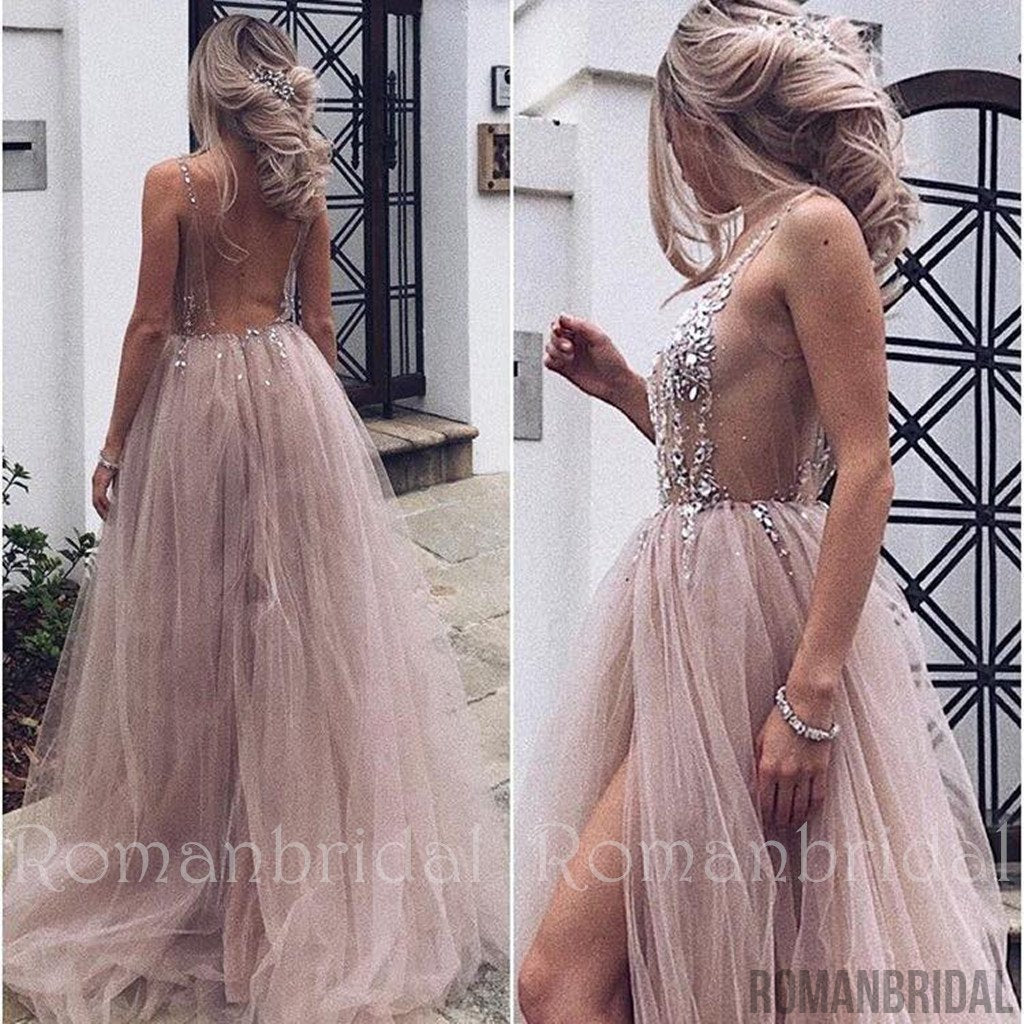 Amazing Hot Sexy Beaded Open Back Tulle Split Long Evening Prom Dresses Cheap Prom Dresses, PD0487