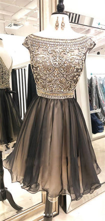 A-line Cap Sleeves Beading Top Tulle Homecoming Dresses, HD0493