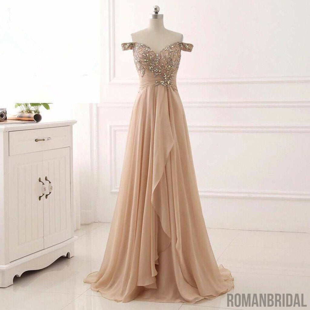 Charming Off-shoulder Floor-length A-line beading Evening dress,Wrinkled back zip long prom dress, PD0511