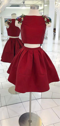 Two-pieces Cap Sleeves Appliques Burgundy Homecoming Dresses, HD0492