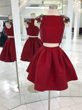 Two-pieces Cap Sleeves Appliques Burgundy Homecoming Dresses, HD0492