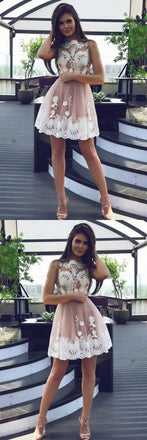 Amazing A-line Juniors White Lace Appliques Short Tulle Homecoming Dresses, HD0425