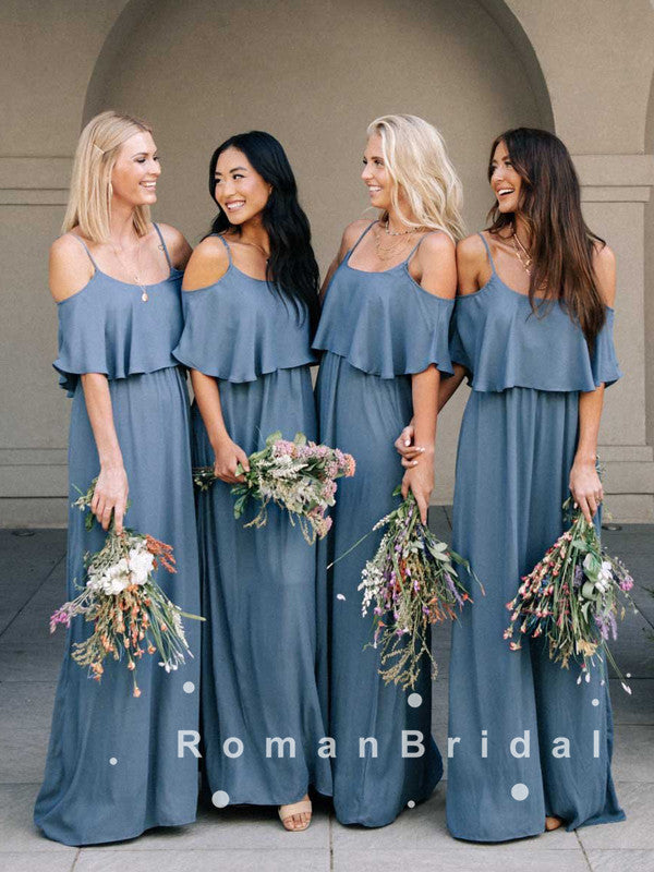 A-Line Straps Off The Shoulder Chiffon Long Bridesmaid Dresses With Ruffles,RBWG0022