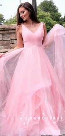 A-Line V-Neck Sleeveless Pink Tulle Cheap Long Prom Dresses,RBPD0023