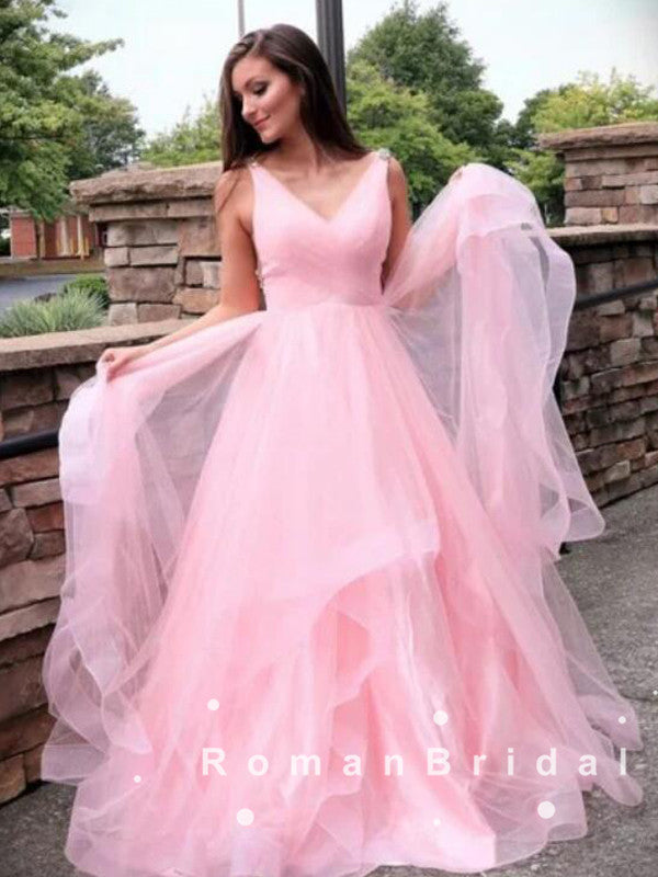 A-Line V-Neck Sleeveless Pink Tulle Cheap Long Prom Dresses,RBPD0023