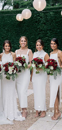 Sheath Mismatched Sleeveless White Tea Length Bridesmaid Dresses,RBWG0024