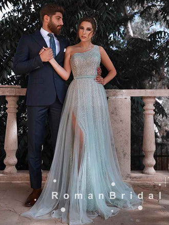 A-Line One Shoulder Tulle Beaded Long Prom Dresses With Sash,RBPD0024