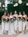Sheath Mismatched Sleeveless White Tea Length Bridesmaid Dresses,RBWG0024
