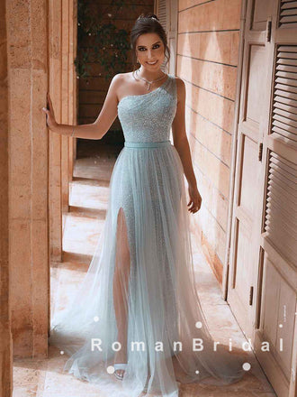 A-Line One Shoulder Tulle Beaded Long Prom Dresses With Sash,RBPD0024
