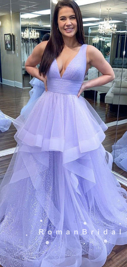 A-Line V-Neck Sleeveless Lilac Tulle Long Prom Dresses With Pleats,RBPD0025