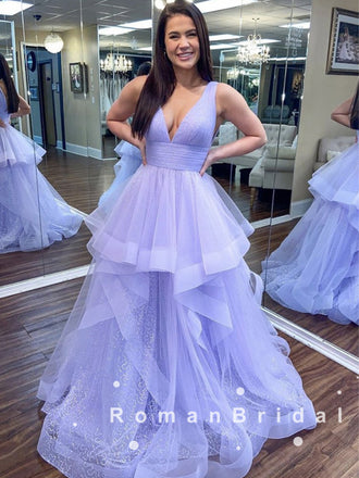 A-Line V-Neck Sleeveless Lilac Tulle Long Prom Dresses With Pleats,RBPD0025
