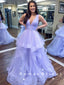 A-Line V-Neck Sleeveless Lilac Tulle Long Prom Dresses With Pleats,RBPD0025