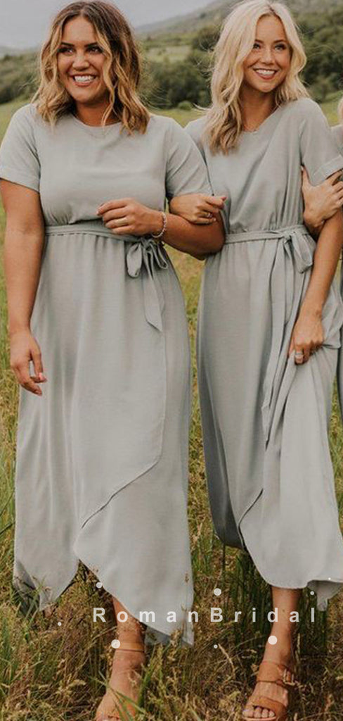 A-Line Scoop Neckline Short Sleeves Chiffon Side Slit Long Bridesmaid Dresses,RBWG0027
