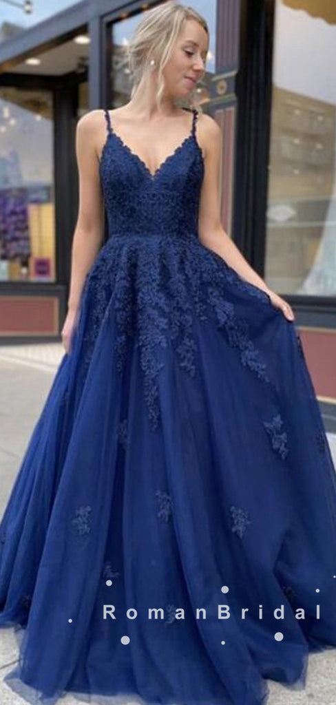 A-Line V-Neck Spaghetti Straps Navy Blue Tulle Long Prom Dresses With Lace,RBPD0027