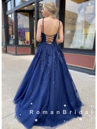 A-Line V-Neck Spaghetti Straps Navy Blue Tulle Long Prom Dresses With Lace,RBPD0027