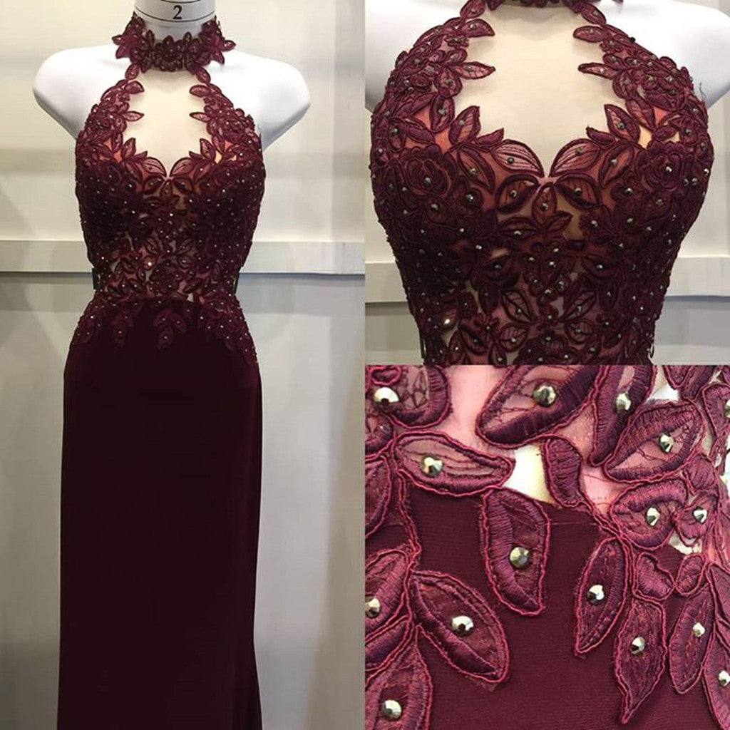 New Arrival Floor-length High-neck applique sleeveless tight evening gown, long prom dresses, PD0523