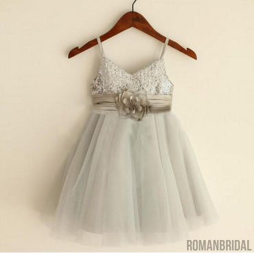Sparkly Spaghetti Strap V- Neck Light Gray Tulle Flower Girl Dresses With Handmade Flower Sash, FGS027