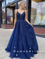 A-Line V-Neck Spaghetti Straps Navy Blue Tulle Long Prom Dresses With Lace,RBPD0027