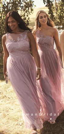 See Through A-Line Mismatched Tulle Long Bridesmaid Dresses With Lace,RBWG0028