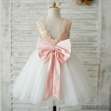 Lovely Lace Sleeveless  Open Back Sequins Tulle Flower Girl Dresses With Bow Sash, FGS028