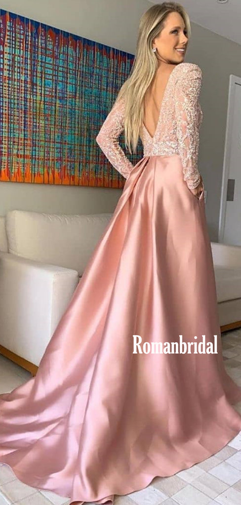 Simple A-Line V-Neck Pink Cheap Long Prom Dresses,RBPD0111