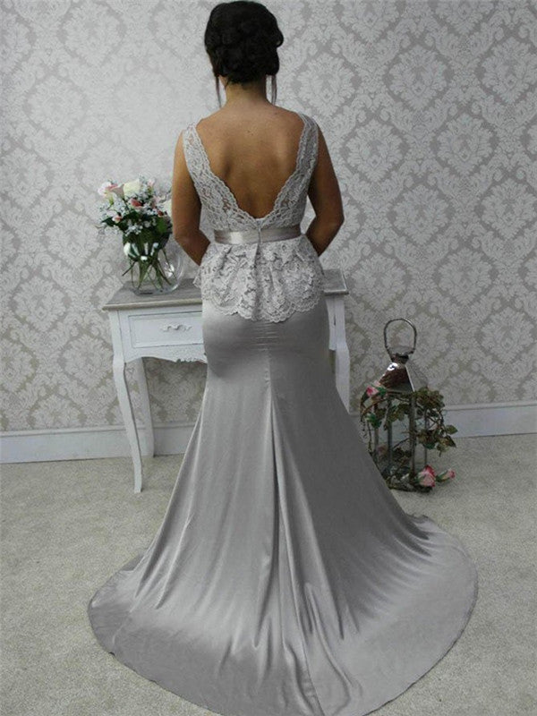 Mermaid Sliver V-back Lace Top See-though Bridesmaid Dresses, BD0590