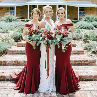 Mermaid Off Shoulder Burgundy Simple Cheap Bridesmaid Dresses With Train, BD0102