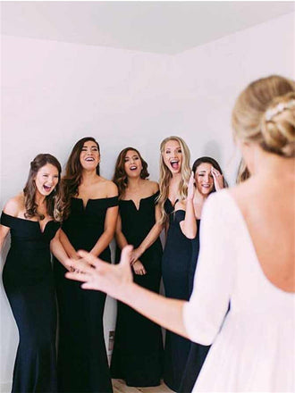 Mermaid Off-shoulder Sexy V-neck Black Long Bridesmaid Dresses, BD0591