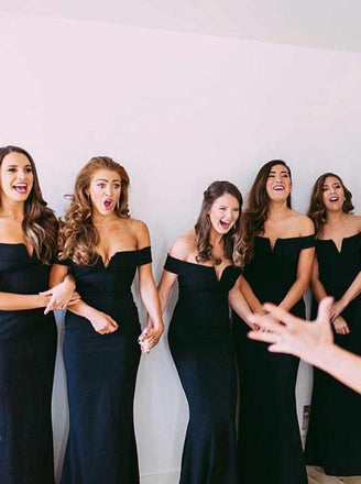 Mermaid Off-shoulder Sexy V-neck Black Long Bridesmaid Dresses, BD0591