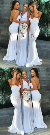 Modest Mermaid Simple A-Line V-Neck Long White Sexy Cheap Bridesmaid Dress, BD0510