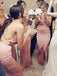 Unique Spaghetti Straps V-neck Pink Backless Slit Long Bridesmaid Dress, BD0518